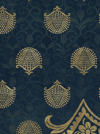 A detailed macro close-up of the Midnight Crest highlighting gold teardrop motifs, a square-link border and fan motifs over a tonal floral ground
