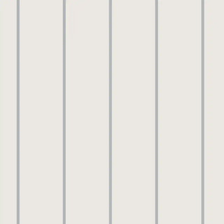 Close-up of the gray and beige striped wallpaper showing evenly spaced vertical lines for a modern minimalist effect.