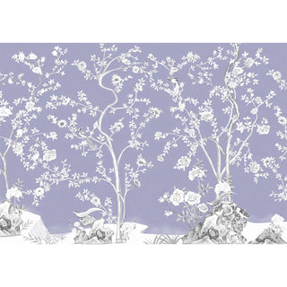wallpaper highlighting intricate hand-painted style blossoms and branches in white on the lavender background.