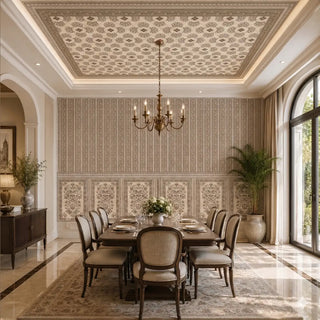 The Miras panoramic stripe and faux-paneling wallpaper providing a palatial statement wall in a formal dining room setup.