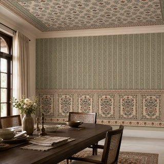 The Miras panoramic green stripe and faux-paneling wallpaper providing a palatial statement wall in a formal dining room setup.