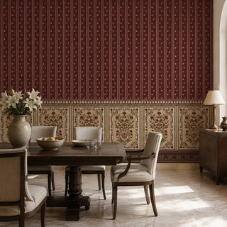 The Miras panoramic maroon stripe and faux-paneling wallpaper providing a palatial statement wall in a formal dining room setup.