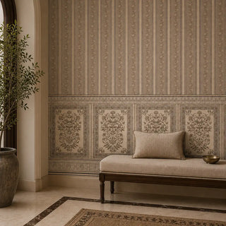 The Miras customized beige wallpaper providing a structured, historic backdrop behind a neutral upholstered foyer bench.