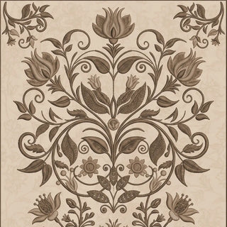A high-resolution close-up of the symmetrical hand-painted damask floral medallion in the Miras wallpaper collection.