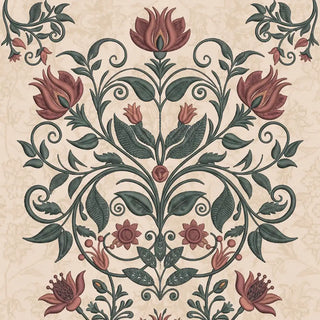 A high-resolution close-up of the symmetrical hand-painted sage green and rose damask floral medallion in the Miras wallpaper collection.