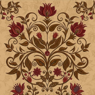 A high-resolution close-up of the symmetrical hand-painted maroon and ochre damask floral medallion in the Miras wallpaper collection.
