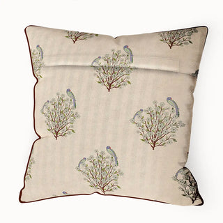 A back view of the "Mithoo Pipin" cushion cover, displaying its full shape and the continuity of the charming bird pattern.

