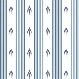 Close-up view of Modern Blue & White Arrow Stripe Wallpaper Roll showing blue vertical stripes and repeating arrow-shaped motifs on a white background.