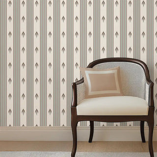 Modern Brown & Beige Arrow Stripe Wallpaper Roll on a living room wall, styled with a classic wooden cane chair and beige cushion for a refined, contemporary look.
