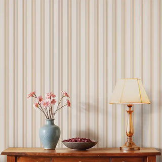 Modern Brown & Beige Wide Stripe Wallpaper Roll in a living room setting, highlighting its warm earthy tones paired with wooden furniture and decor accents.