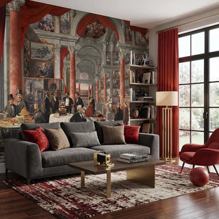 A luxury moody living room setting featuring the red invention mural behind a charcoal grey sofa and gold lamp.