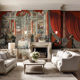 A sophisticated formal lounge featuring the Invention mural surrounding a classic white fireplace and cream sofas.
