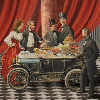 A detailed surrealist close-up of a vintage black car being used as a banquet table by Victorian figures.