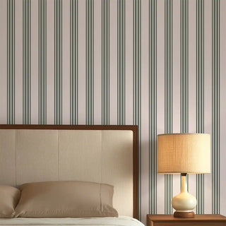 Bedroom wall styled with Modern Grey & Beige Wide Stripe Wallpaper Roll, featuring bold alternating grey and beige stripes paired with a contemporary wooden bed and neutral décor.