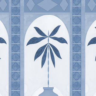 Monsoon Arches Wallpaper: Close-up detail of the stylized blue palm plant and arch motif from the lower border.