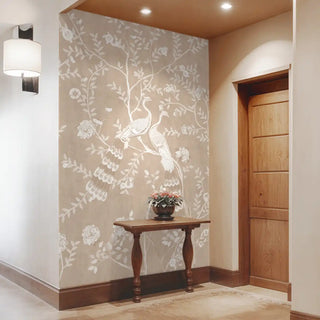 Premium clay beige wall covering featuring traditional Morni peacock motifs in foyer area
