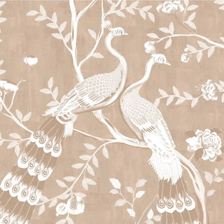 Close-up detail of Morni floral and peacock pattern on clay beige texture