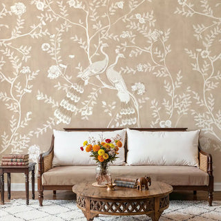 Morni peacock and flowers Chinoiserie wallpaper design in elegant clay beige.