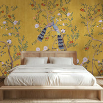 Morni, Peacock and Flowers Chinoiserie Design, Yellow