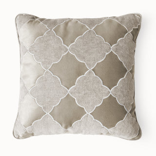 Full studio view of the Moroccan Lattice Cushion Cover with white quatrefoil embroidery.