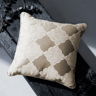 Single Moroccan Lattice Cushion Cover displayed on a dark wooden bench with subtle floral accents.