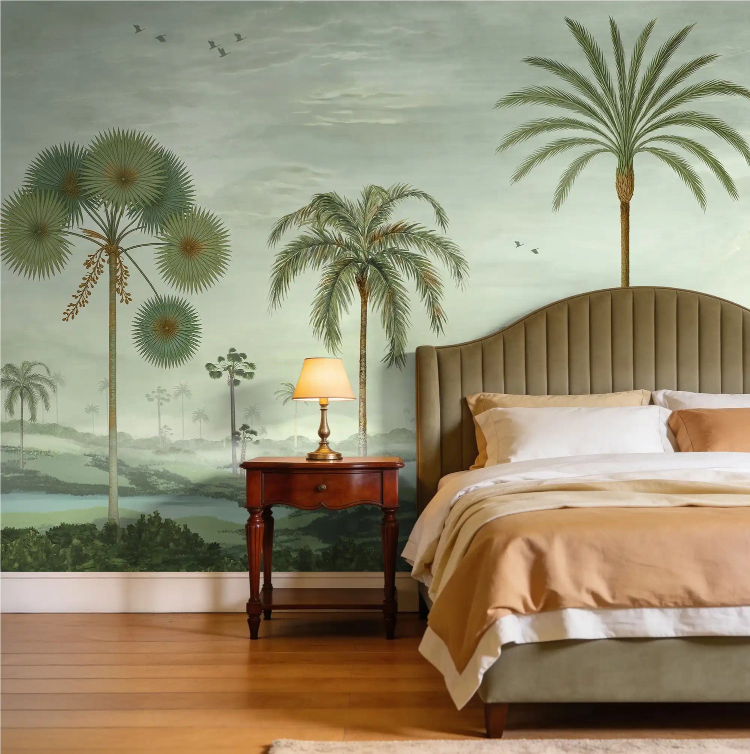 Mosslight Morning Sage Green wallpaper in a bedroom with earth-toned linens