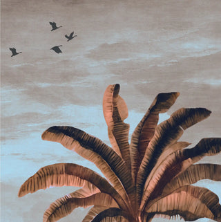 Close-up of the Mosslight Morning mural showing detailed hand-painted palm leaves and atmospheric mist over a river.