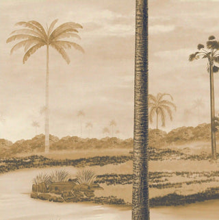 A high-resolution close-up showing the intricate line work on the palm trunks and warm ochre accents of the mural.