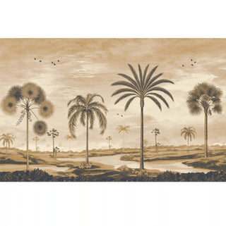 A high-resolution close-up showing the intricate line work on the palm trunks and warm ochre accents of the mural.