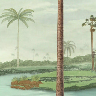A high-resolution close-up showing the intricate line work on the palm trunks and the misty sage background of the mural.