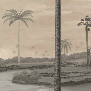 A high-resolution close-up showing the intricate line work on the palm trunks and misty background of the mural.