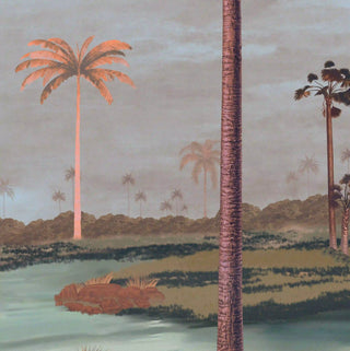 A high-resolution close-up showing the intricate line work on the palm trunks and copper accents of the mural.