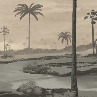A high-resolution detail of the Mosslight Morning mural showing hand-painted palm trees and marshland rocks in sepia tones.