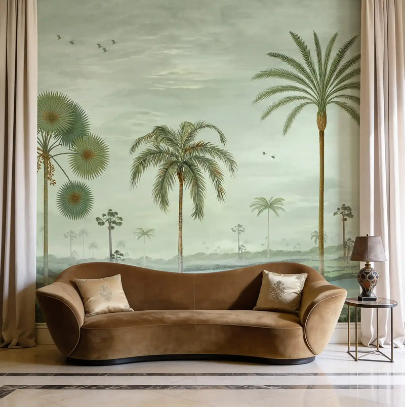 Mosslight Morning Sage Green wallpaper in a living room with a curved tan velvet sofa