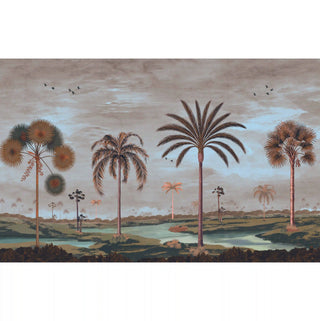 A full panoramic view of the Mosslight Morning tropical palm and river landscape mural in a moody misty blue palette.
