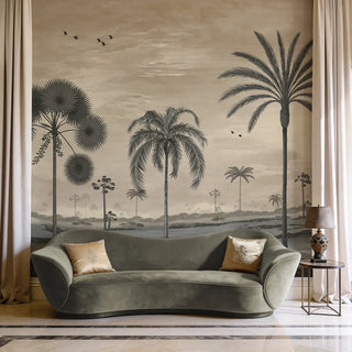 High-end interior styling of the Mosslight Morning mural behind a curved sage green sofa and neutral curtains.