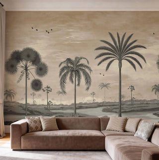 The Mosslight Morning mural styled as a grand feature wall in a contemporary living room behind a large brown sectional sofa view-livingroom