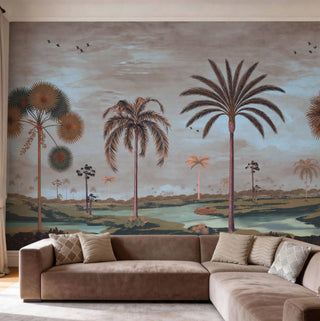 The Mosslight Morning misty blue mural styled as a grand feature wall in a contemporary living room behind a large brown sectional sofa view-livingroom