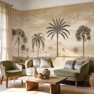 The Mosslight Morning vintage sepia mural styled as a grand wrap-around feature wall behind a light green sofa view-livingroom