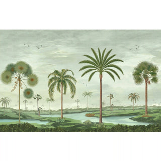 A full panoramic view of the Mosslight Morning tropical palm and river landscape mural in a sage mist palette.