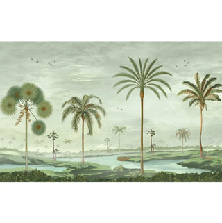 A full panoramic view of the Mosslight Morning sage mist mural featuring a hand-painted tropical landscape and lagoon.
