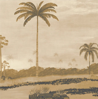 Close-up of the Mosslight Morning mural in sepia showing detailed hand-painted palm leaves and atmospheric mist over a river.