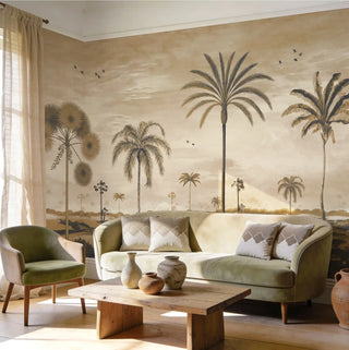 The Mosslight Morning vintage sepia mural styled in a luxury living room behind a light-colored sofa and green armchair.