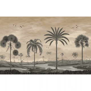 A full panoramic view of the Mosslight Morning tropical palm and river landscape mural in a vintage ivory palette.