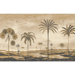 A full panoramic view of the Mosslight Morning vintage sepia mural featuring hand-painted palm trees and a misty lake in warm tones.