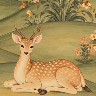 A detailed close-up of the Mriga Vatika wallpaper showing a spotted deer with branching antlers resting on sage hills beside orange blossoms