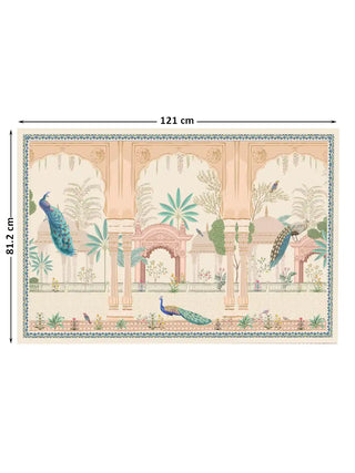 Full vertical design layout of the Mughal Garden With Peacock mural showing arches and tropical trees with 81.2 cm by 121 cm dimensions.