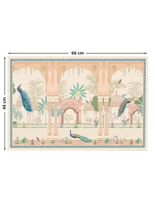 Complete design overview of the Mughal Garden peacock motif landscape with 44 cm by 66 cm dimensions.