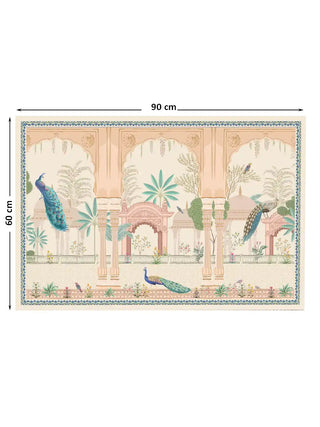 Full pattern overview of the Mughal Garden design in soft ivory and teal featuring peacocks with 60 cm by 90 cm dimensions.