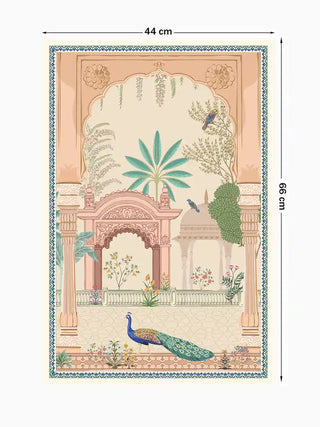 Mughal Garden portrait wall art showing a peacock in a courtyard beneath a scalloped arch, marked with its 66 cm by 44 cm dimensions.